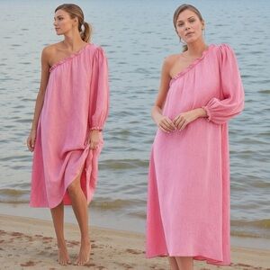 LAKE Milly Linen One Shoulder Relaxed Midi Dress Zinnia Pink Women's XXL